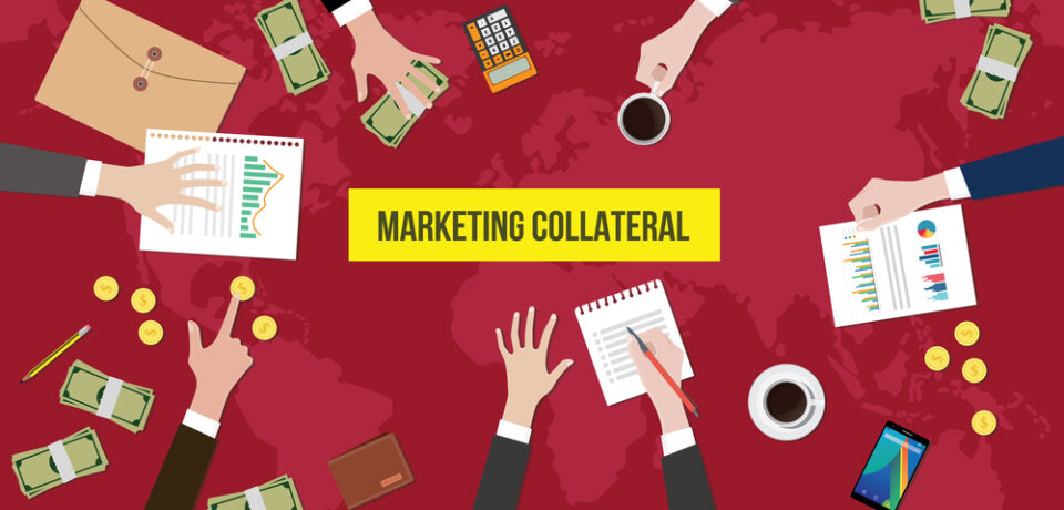 Discussion,About,Marketing,Collateral,On,A,Meeting,Table,Illustration,With